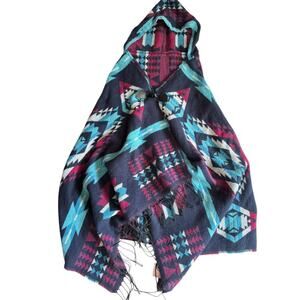 Canyon Sky Hooded Southwestern Poncho Fringe Aztec Print OS Acrylic Cape Wrap